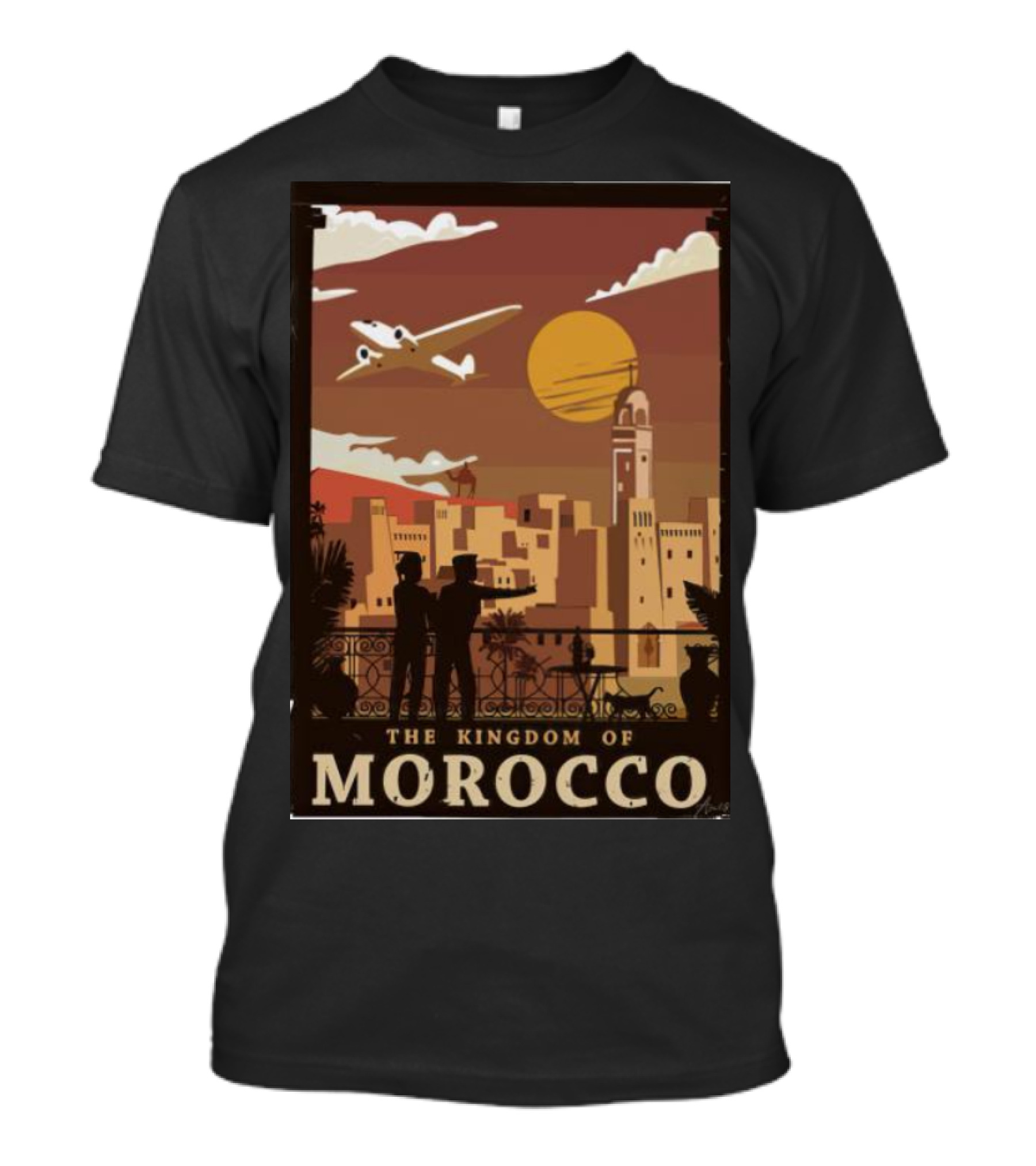 The Kingdom Of Morocco Skyline View With Airplane And Sunset Scene T-Shirt
