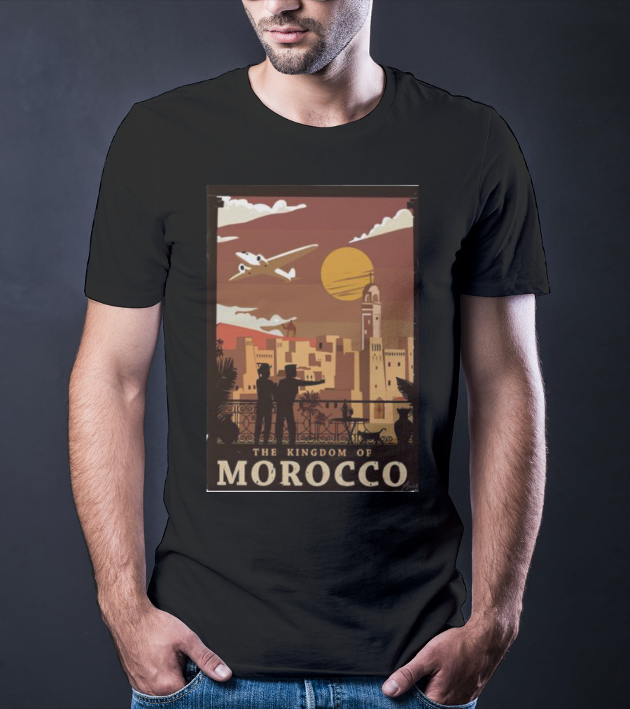 The Kingdom Of Morocco Skyline View With Airplane And Sunset Scene T-Shirt