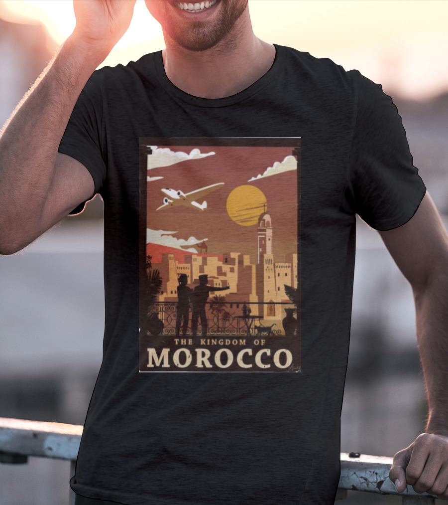 The Kingdom Of Morocco Skyline View With Airplane And Sunset Scene T-Shirt