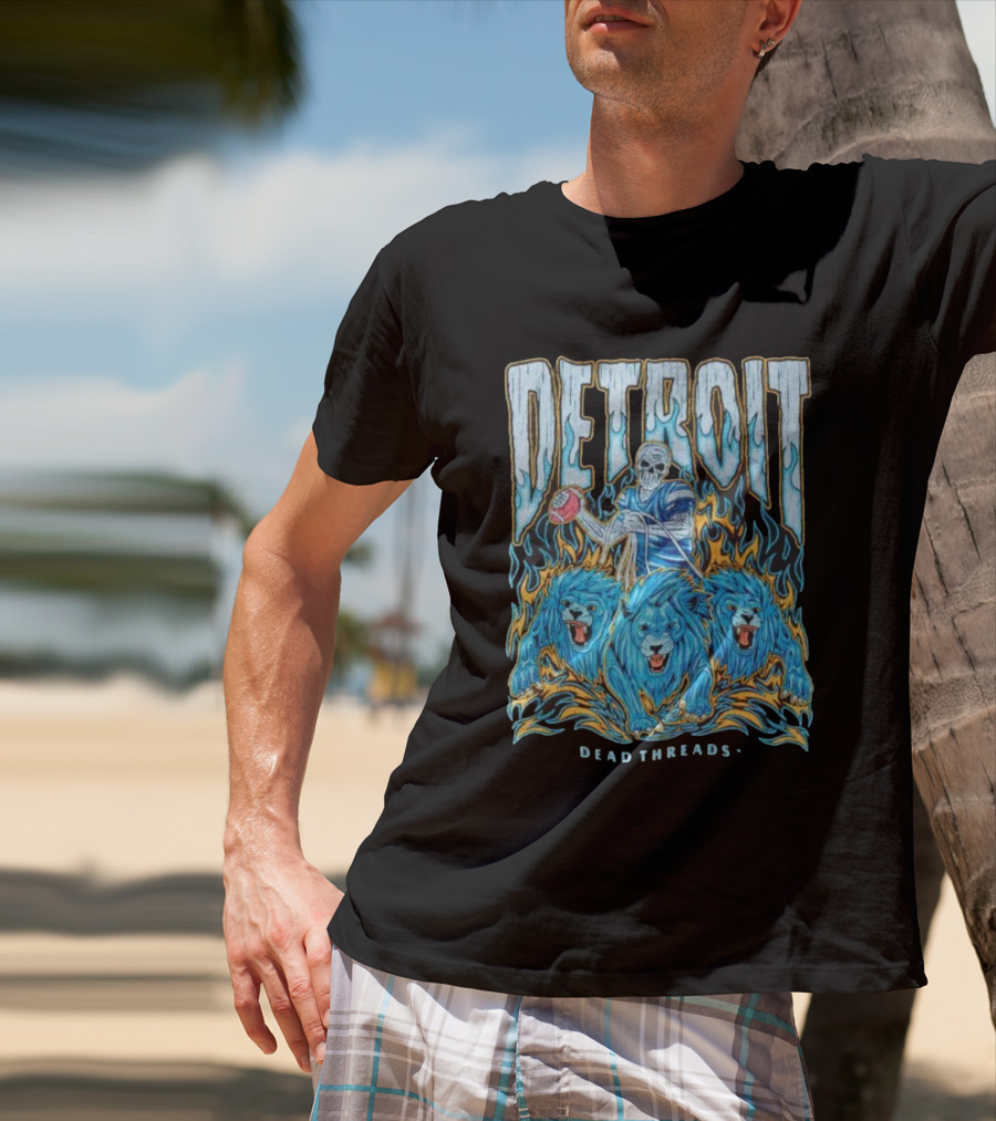 Detroit Dead Threads Football Skeleton And Blue Lions T-Shirt