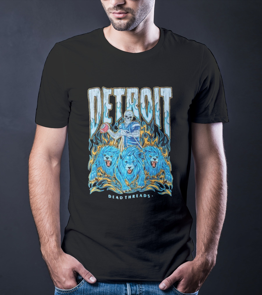 Detroit Dead Threads Football Skeleton And Blue Lions T-Shirt