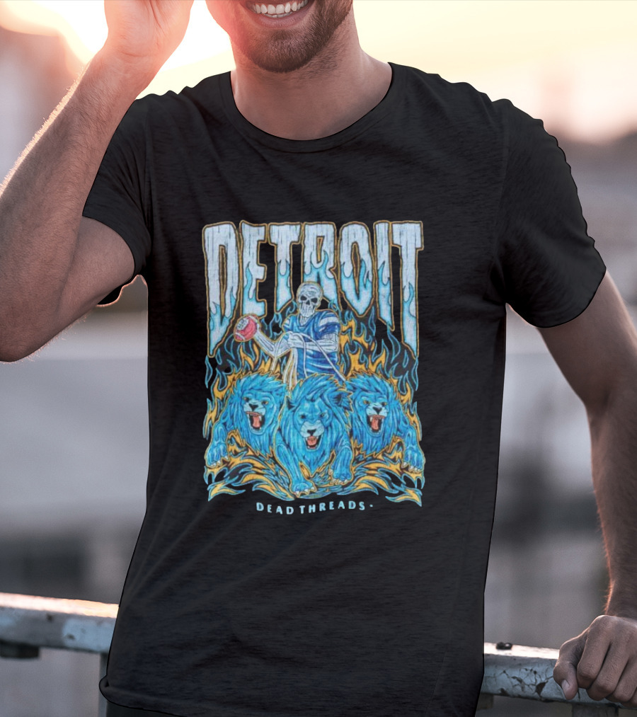 Detroit Dead Threads Football Skeleton And Blue Lions T-Shirt