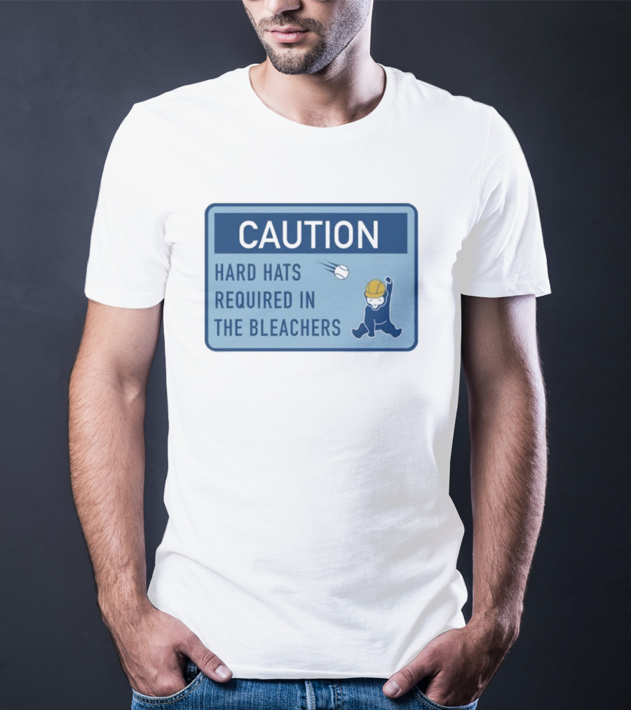 Caution: Hard Hats Required In The Bleachers With Cartoon Worker And Falling Object T-Shirt