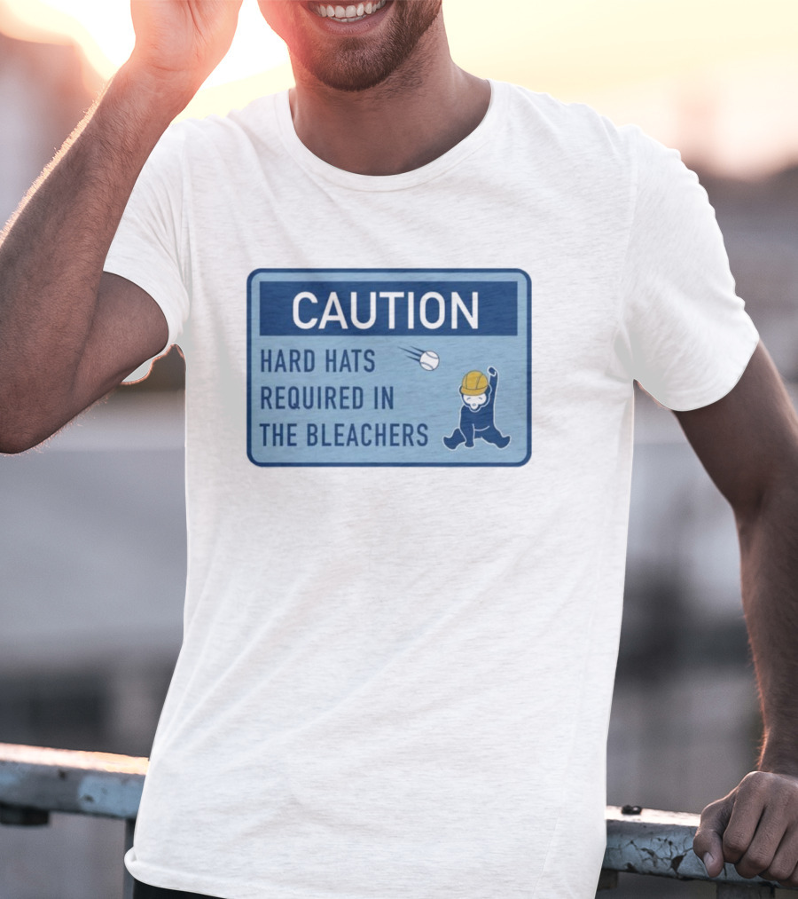 Caution: Hard Hats Required In The Bleachers With Cartoon Worker And Falling Object T-Shirt