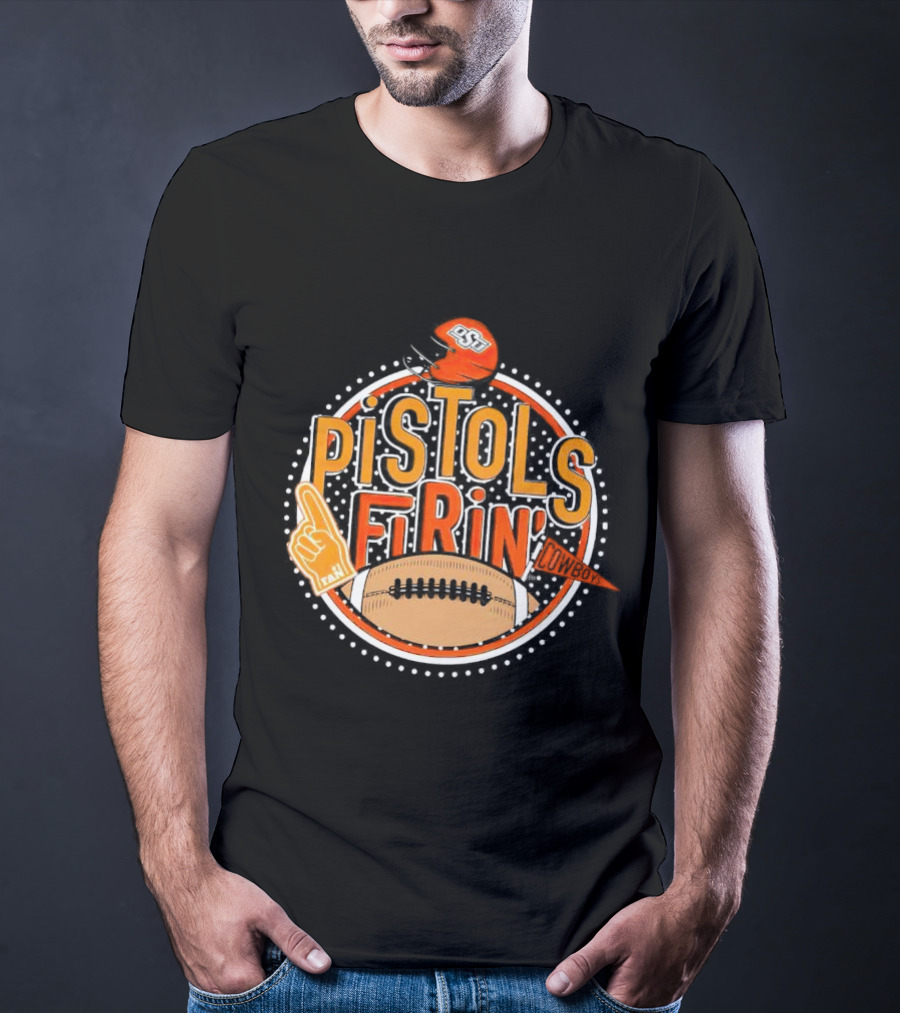 Pistols Firing OSU Cowboys Football Helmet And Foam Finger T-Shirt