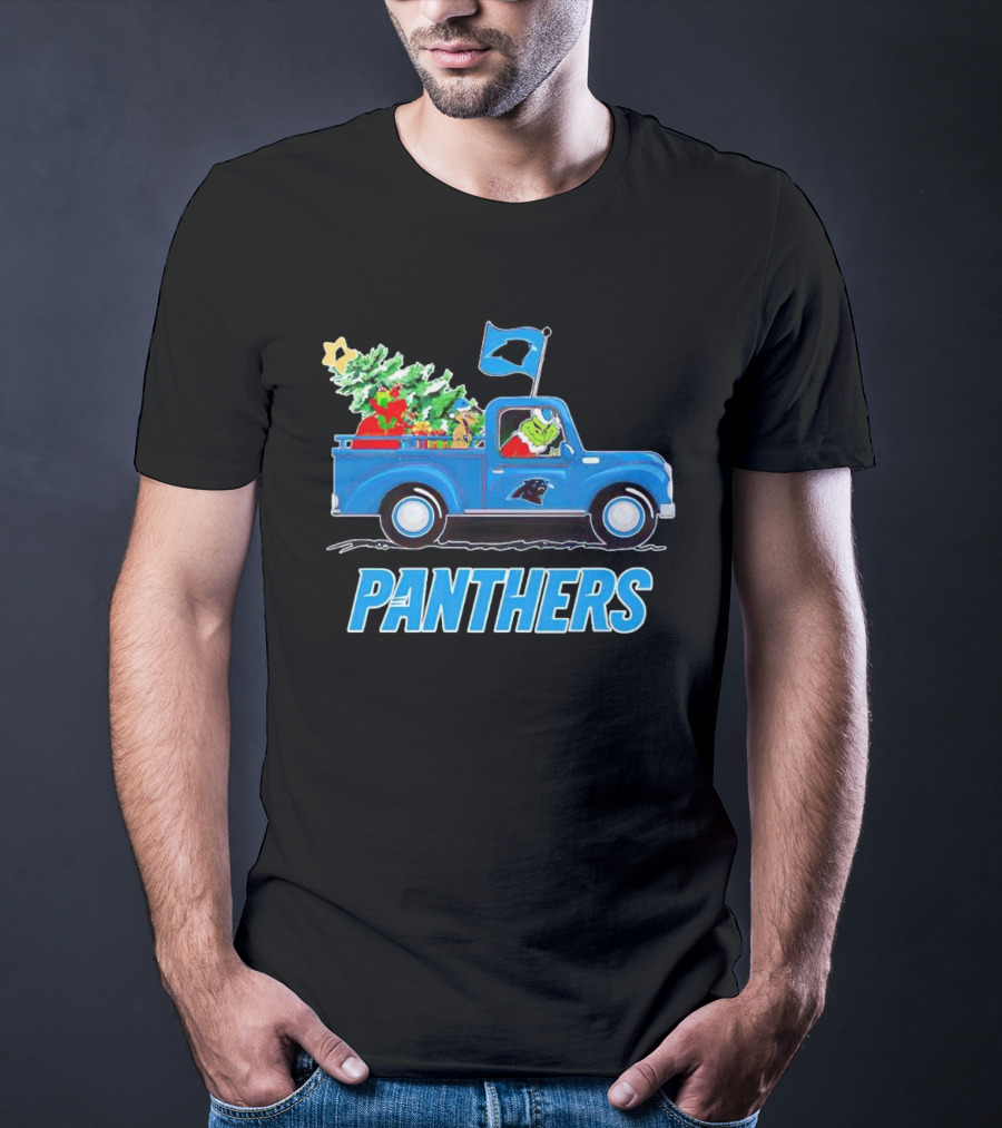 Grinch In Blue Christmas Truck With Carolina Panthers Logo And Tree T-Shirt
