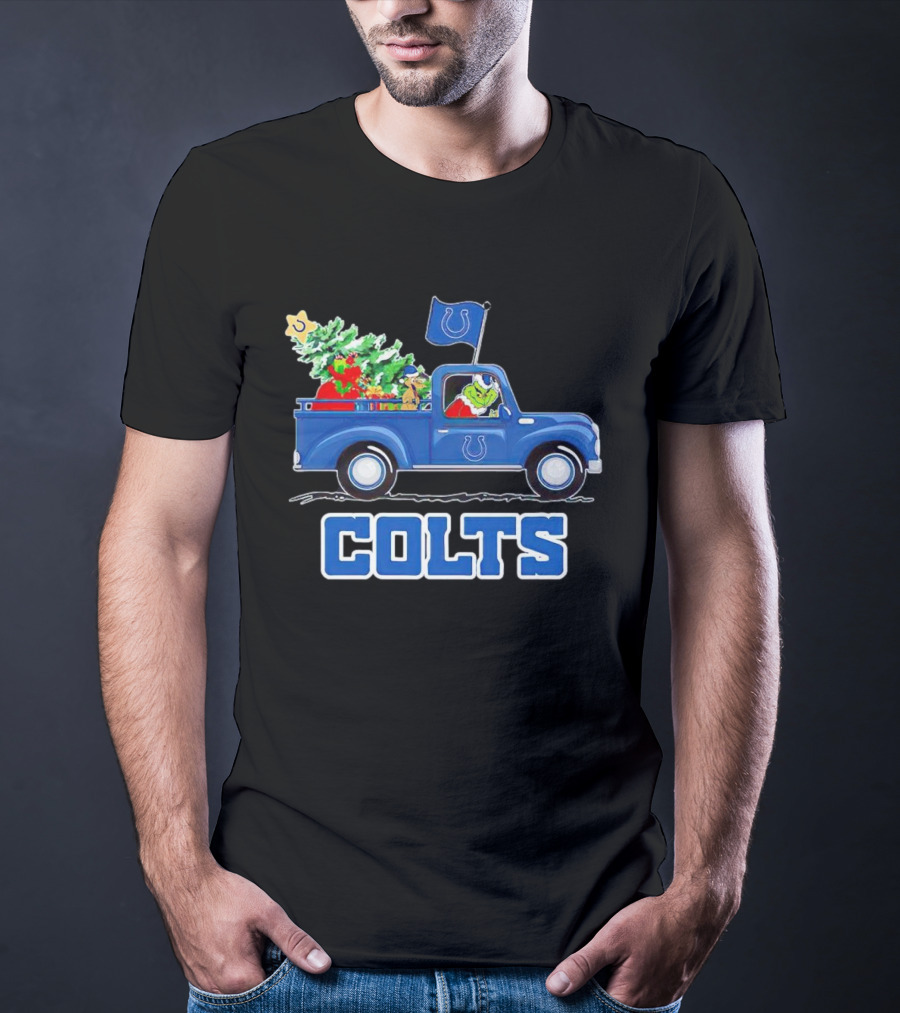 Grinch Driving Christmas Truck With Indianapolis Colts Logo And Tree T-Shirt