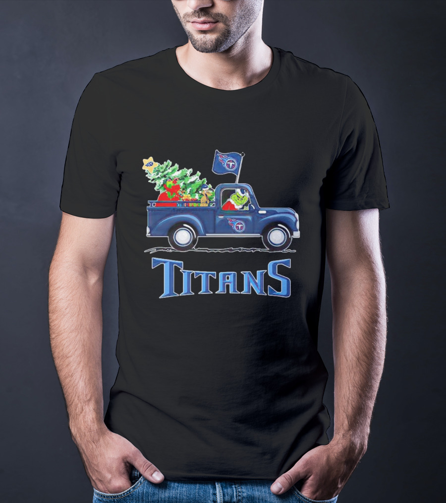 Grinch Driving Christmas Tree Truck Tennessee Titans Holiday Spirit T-Shirt