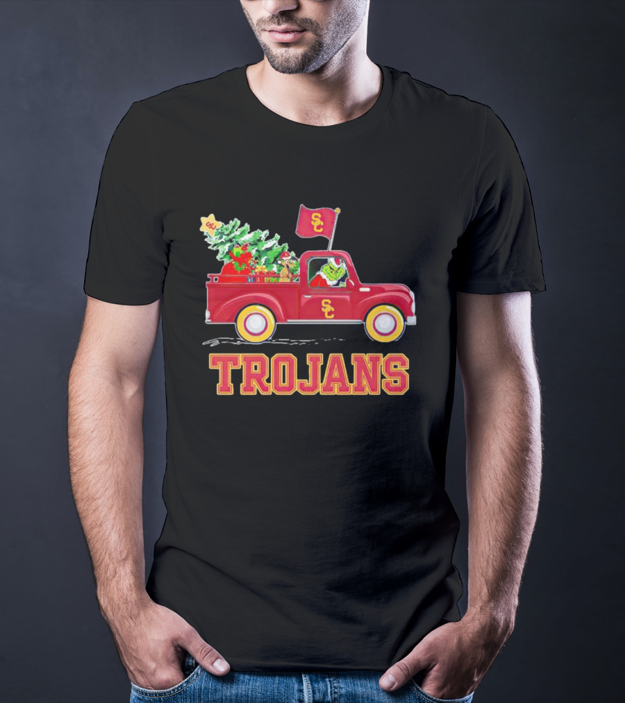 Grinch Driving Red Truck With Christmas Tree USC Trojans T-Shirt