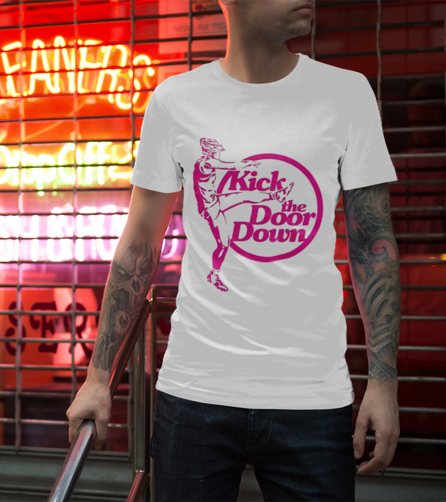 Kick The Door Down Pink Circle Footballer Kicker T-Shirt