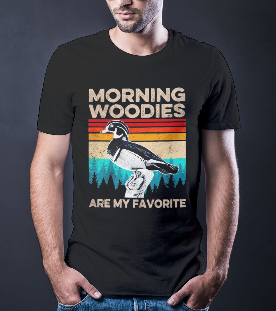 Morning Woodies Are My Favorite Vintage Duck Silhouette Retro Stripes Forest Pines T-Shirt