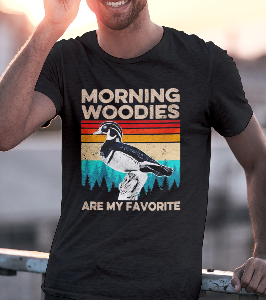 Morning Woodies Are My Favorite Vintage Duck Silhouette Retro Stripes Forest Pines T-Shirt