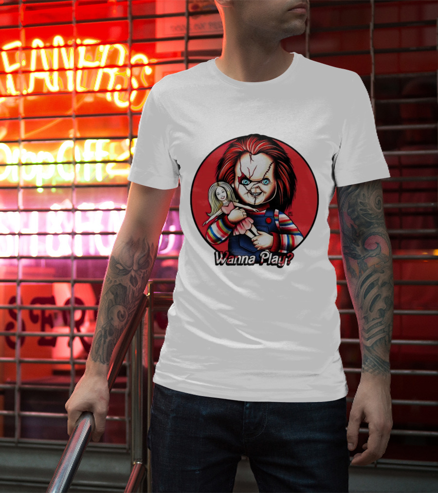 Chucky Holding Doll With Wanna Play? Text In Red Circle T-Shirt