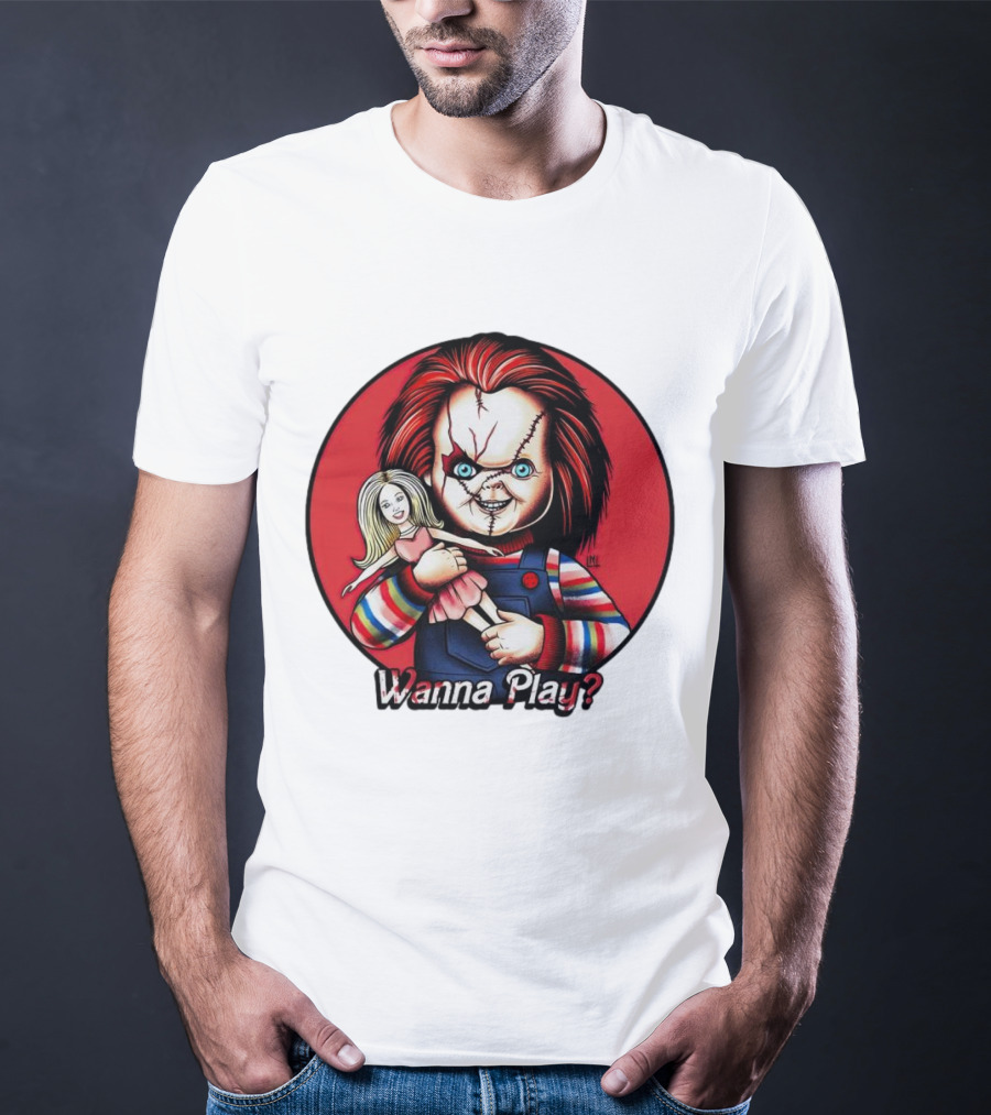 Chucky Holding Doll With Wanna Play? Text In Red Circle T-Shirt