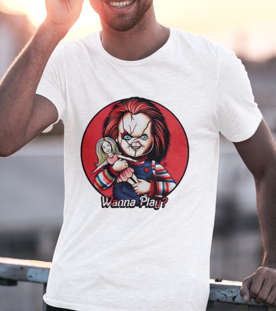 Chucky Holding Doll With Wanna Play? Text In Red Circle T-Shirt