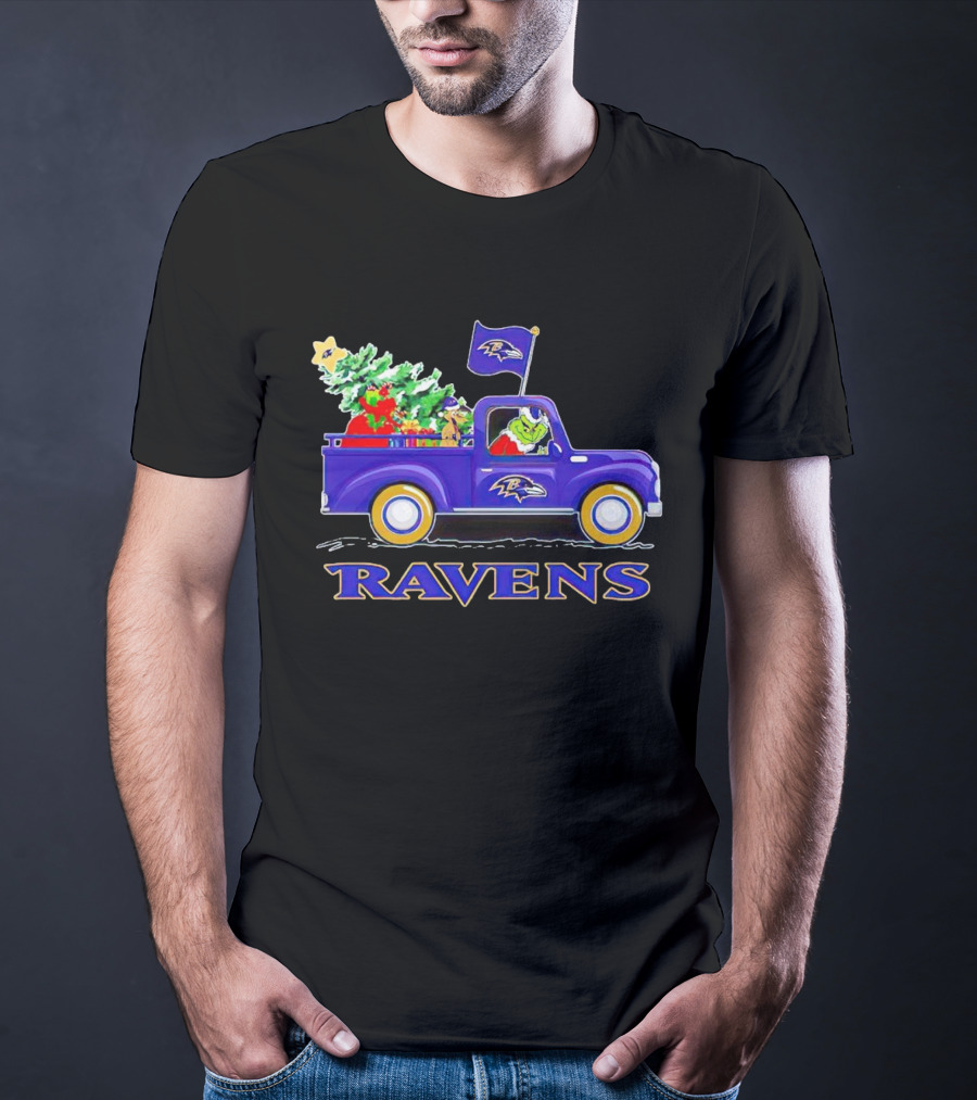 Grinch Driving Baltimore Ravens Christmas Truck T-Shirt