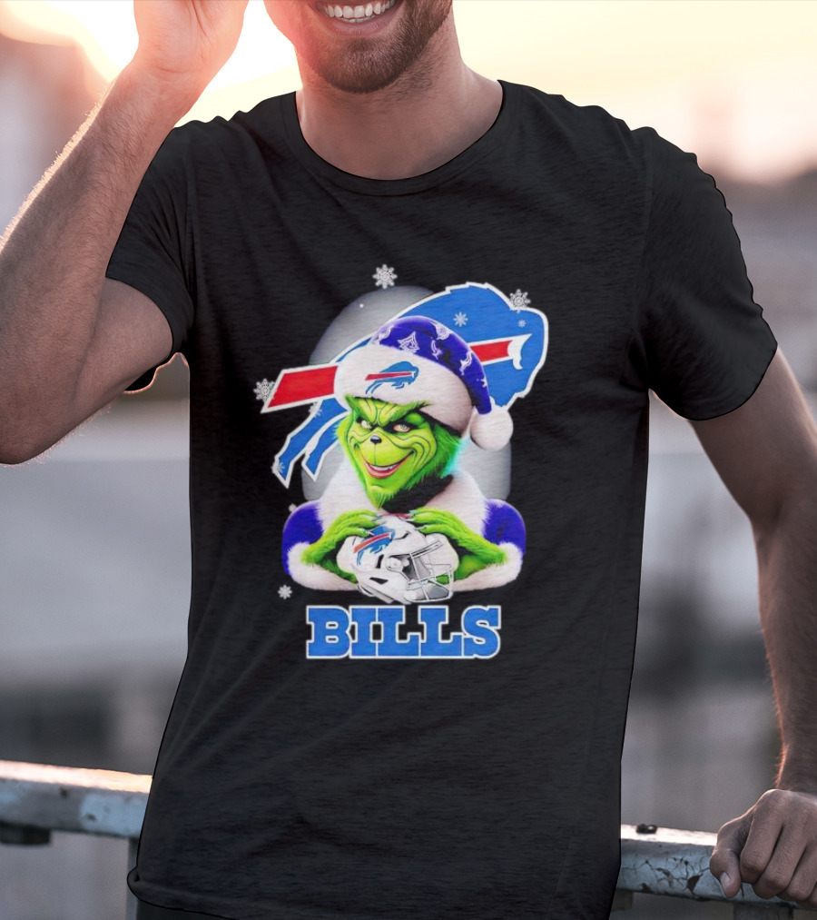 Grinch Love Buffalo Bills Christmas Santa Hat Snowflakes T-Shirt