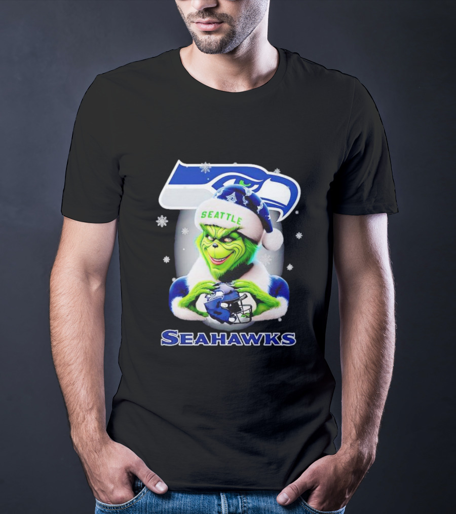 Seattle Seahawks Christmas Grinch Holding Football Helmet T-Shirt