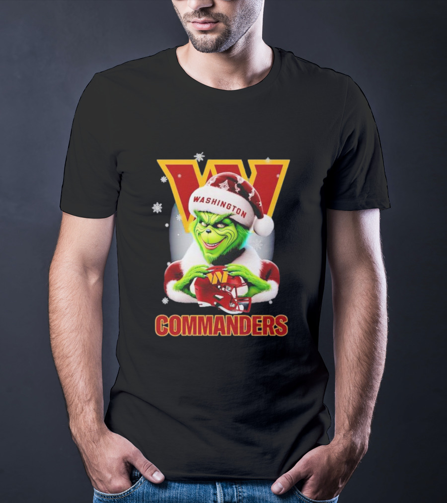 Washington Commanders Christmas Grinch In Santa Hat With Helmet T-Shirt