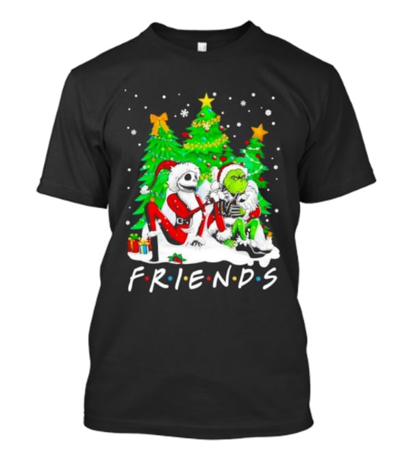 Friends Jack Skellington And Grinch Christmas Scene With Santa Outfits And Christmas Trees T-Shirt