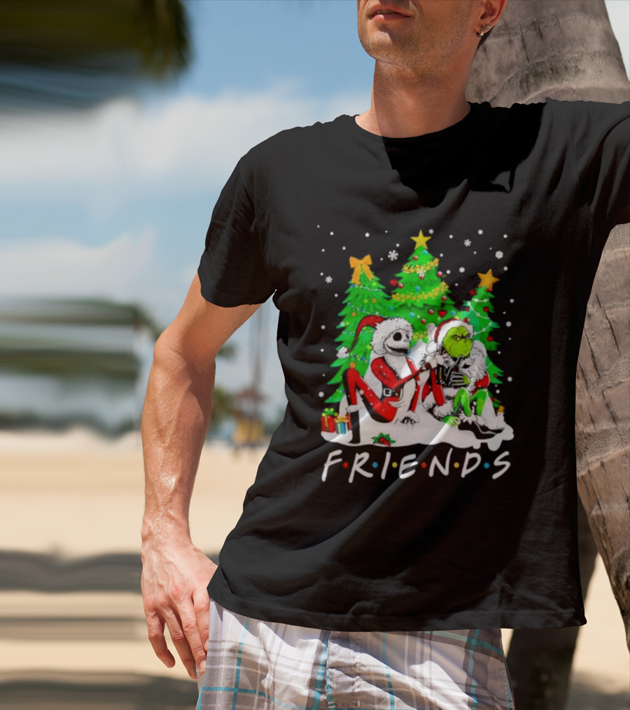Friends Jack Skellington And Grinch Christmas Scene With Santa Outfits And Christmas Trees T-Shirt