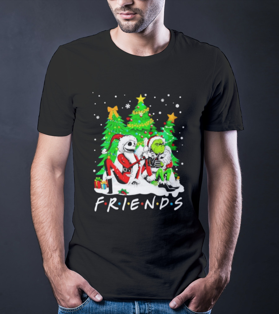 Friends Jack Skellington And Grinch Christmas Scene With Santa Outfits And Christmas Trees T-Shirt