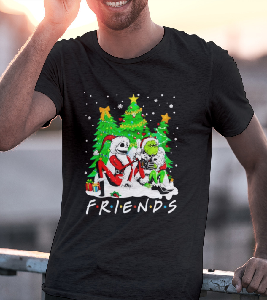 Friends Jack Skellington And Grinch Christmas Scene With Santa Outfits And Christmas Trees T-Shirt