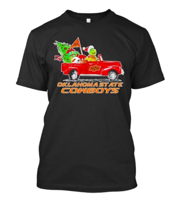 Oklahoma State Cowboys Christmas Grinch And Dog Driving Red OSU Car With Tree And Presents T-Shirt
