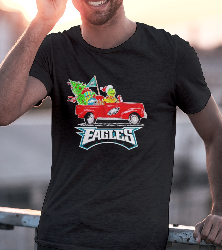 Grinch Dog Driving Red Truck Philadelphia Eagles Christmas Tree T-Shirt