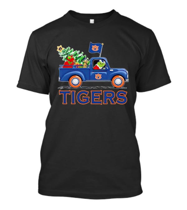 Grinch Driving Auburn Christmas Truck With Tigers Flag T-Shirt
