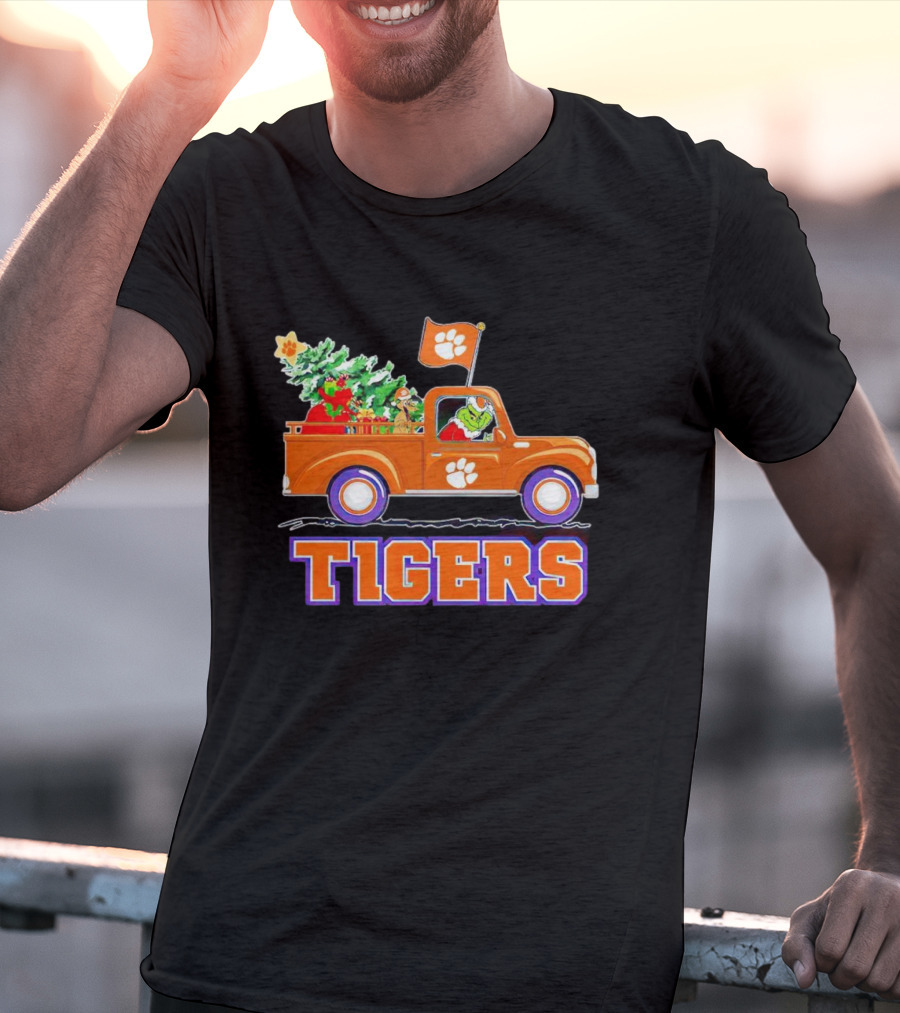 Grinch Driving Orange Christmas Truck With Clemson Tigers Flag And Tree T-Shirt