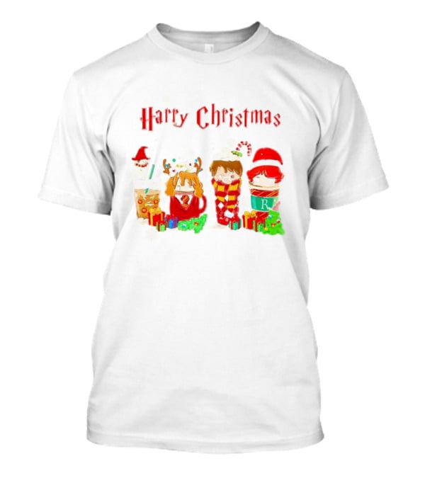 Harry Christmas Chibi Coffee Characters Festive Winter Scene T-Shirt