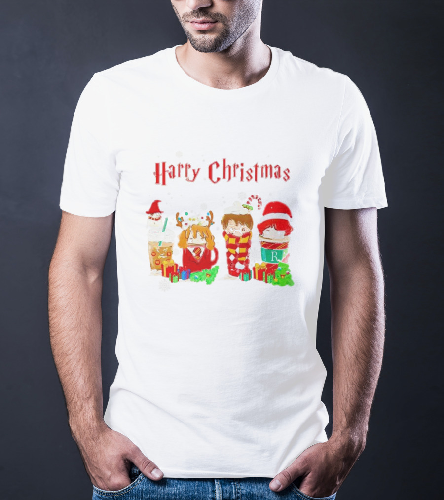 Harry Christmas Chibi Coffee Characters Festive Winter Scene T-Shirt