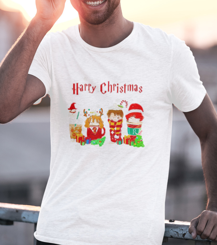 Harry Christmas Chibi Coffee Characters Festive Winter Scene T-Shirt