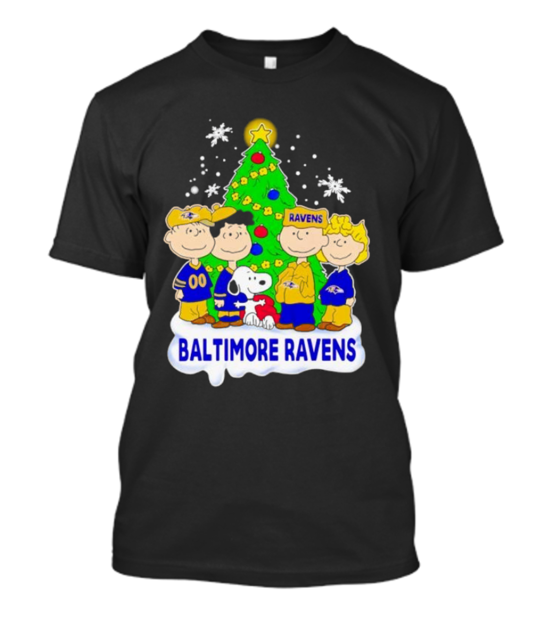 Baltimore Ravens Christmas Tree With Peanuts Characters T-Shirt