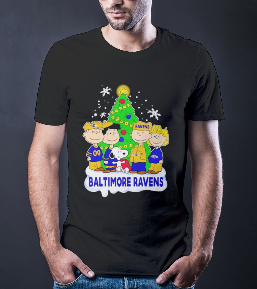 Baltimore Ravens Christmas Tree With Peanuts Characters T-Shirt