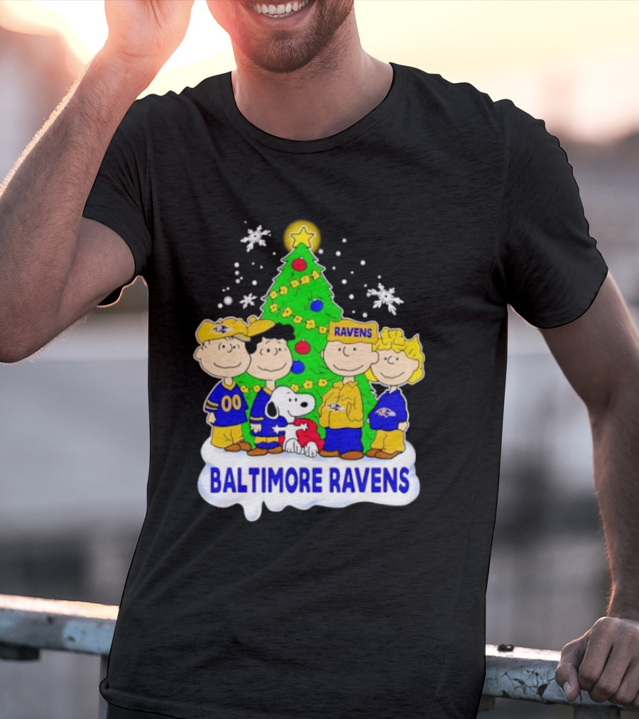 Baltimore Ravens Christmas Tree With Peanuts Characters T-Shirt