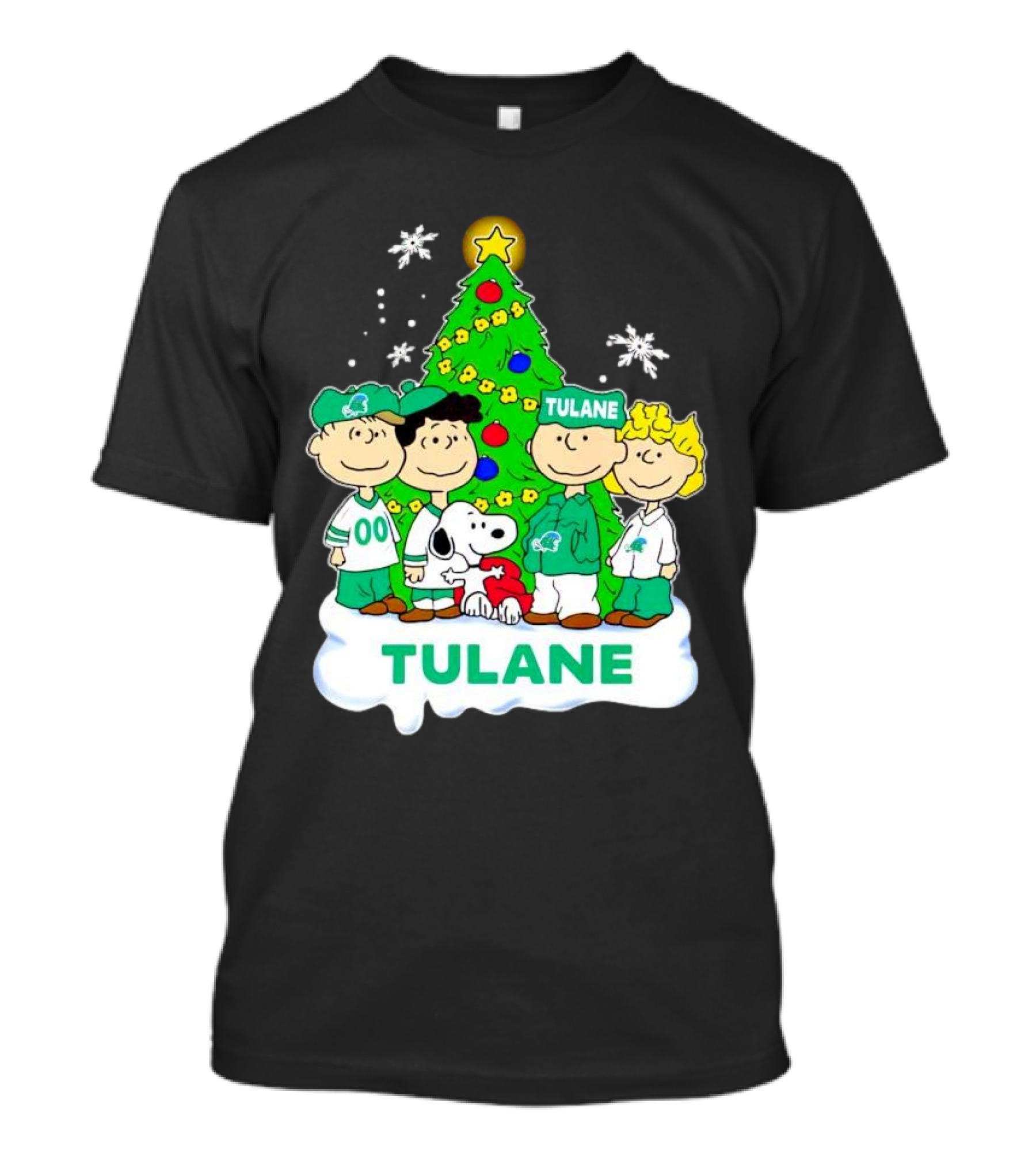 Peanuts Characters Tulane Green Wave Christmas Tree Snoopy Snowflakes T-Shirt