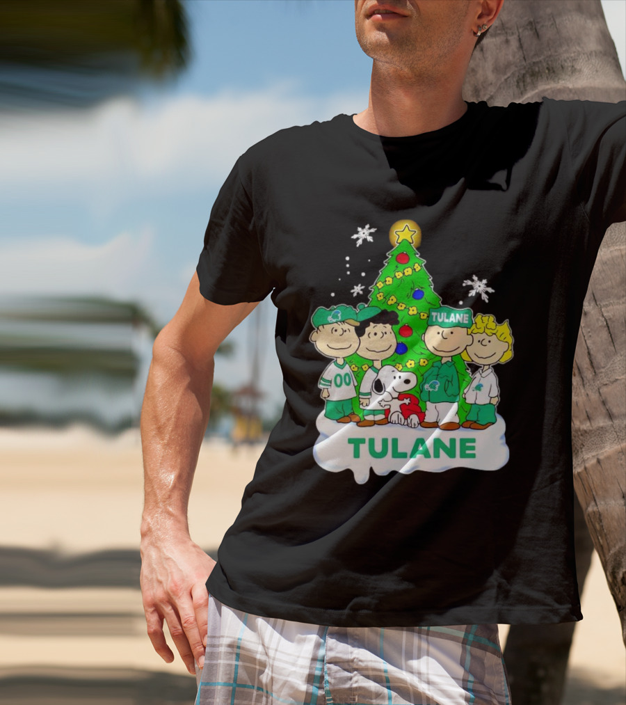 Peanuts Characters Tulane Green Wave Christmas Tree Snoopy Snowflakes T-Shirt