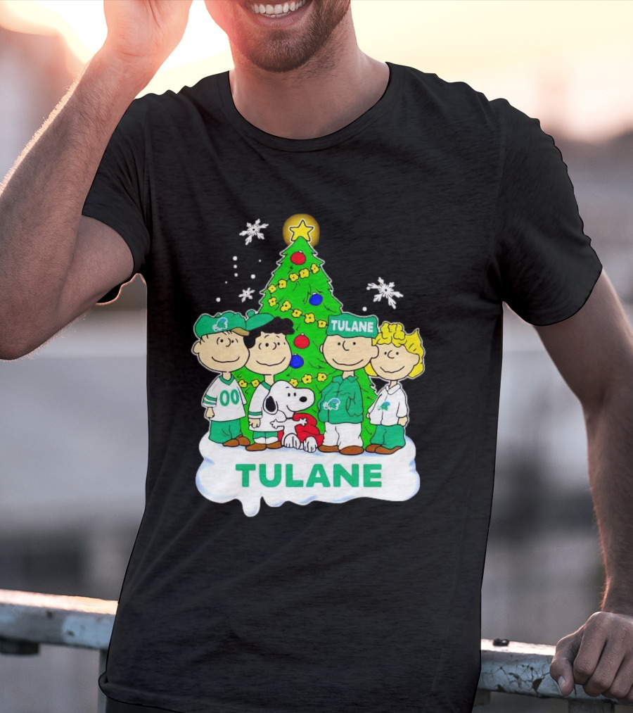 Peanuts Characters Tulane Green Wave Christmas Tree Snoopy Snowflakes T-Shirt