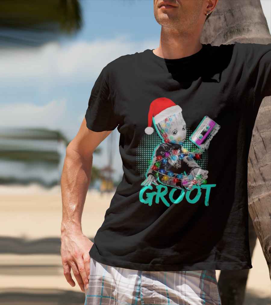 Santa Baby Groot With Cassette Tape And Holiday Lights T-Shirt