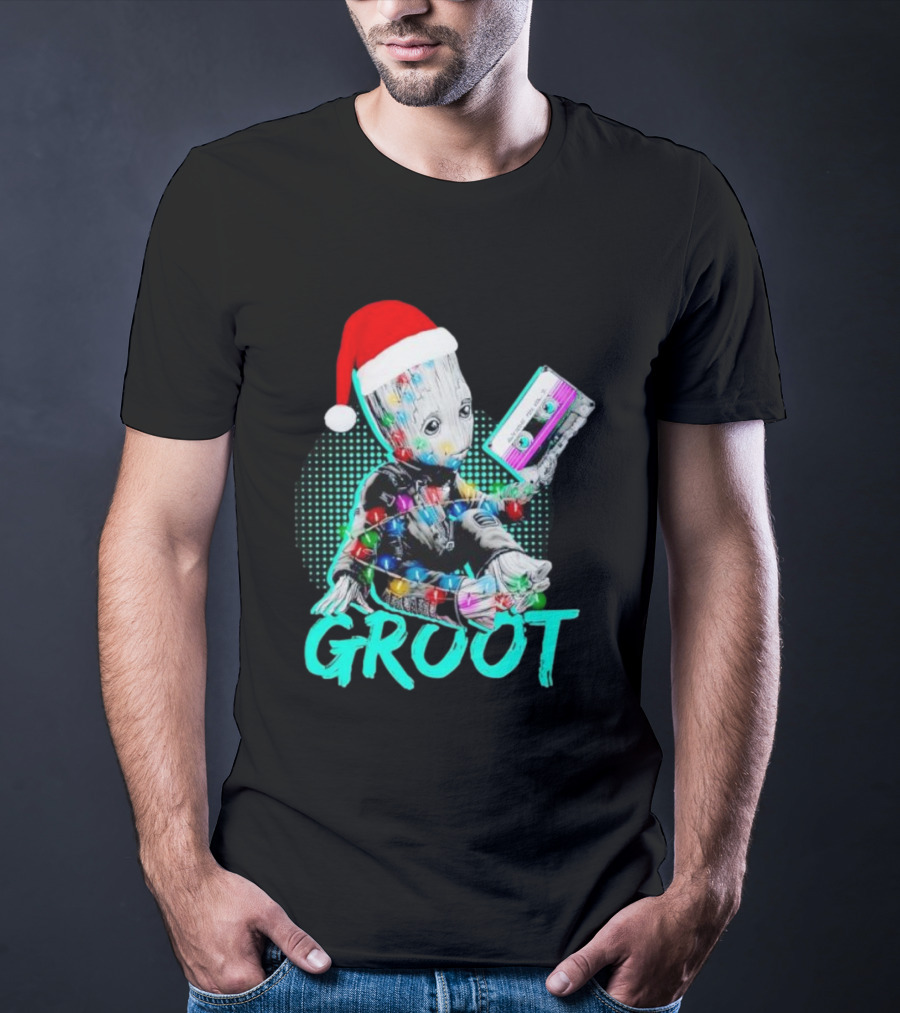 Santa Baby Groot With Cassette Tape And Holiday Lights T-Shirt