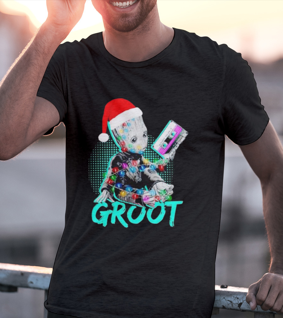 Santa Baby Groot With Cassette Tape And Holiday Lights T-Shirt