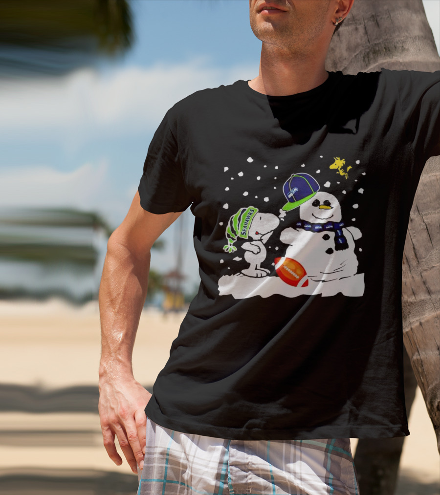 Seattle Seahawks Snoopy Snowman Hat Winter Football Scene T-Shirt