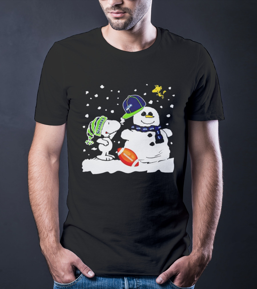 Seattle Seahawks Snoopy Snowman Hat Winter Football Scene T-Shirt