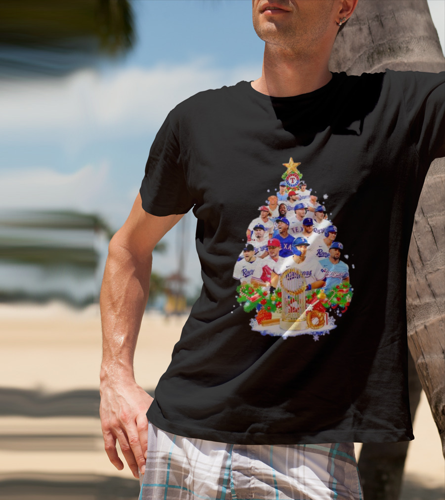Texas Rangers Players Christmas Tree With Trophy And Ornaments T-Shirt