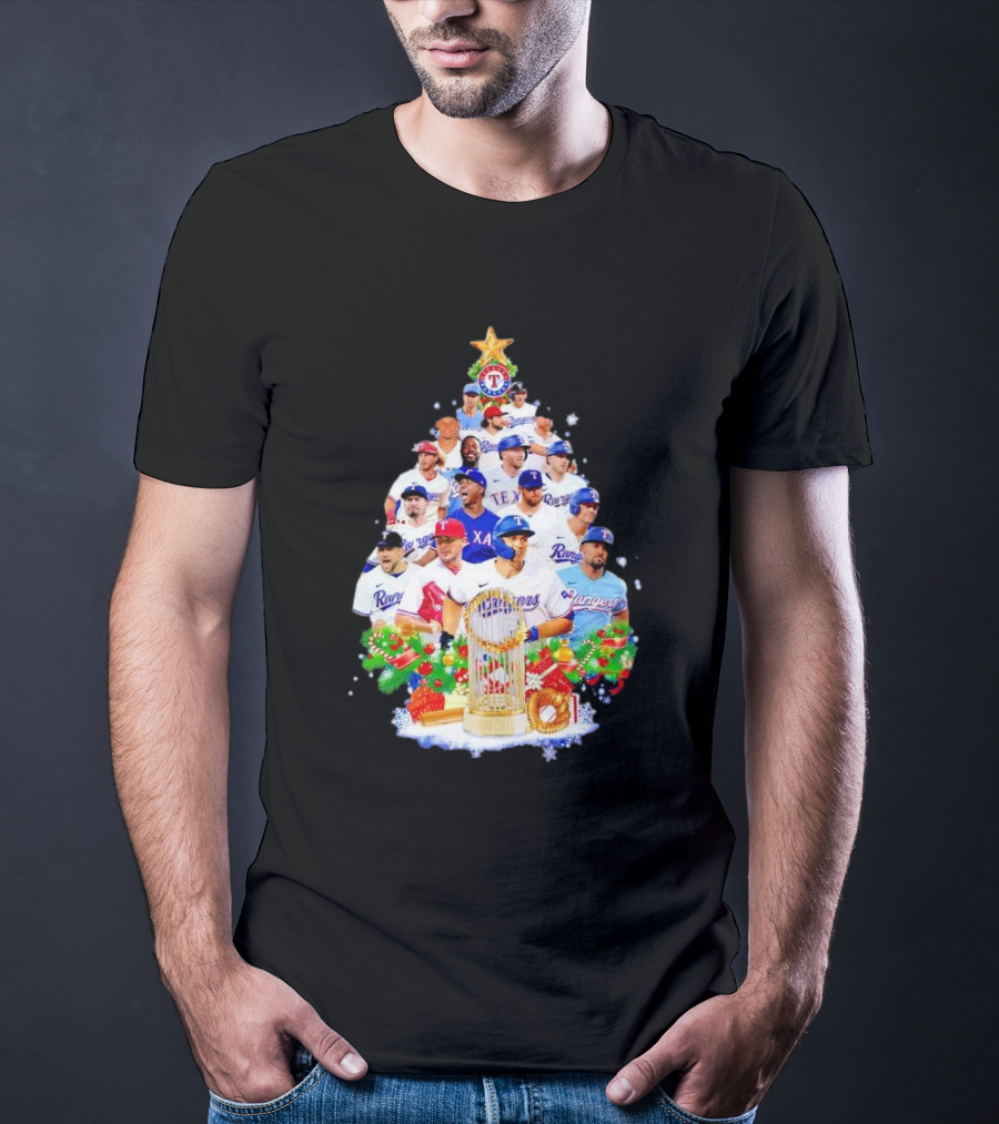 Texas Rangers Players Christmas Tree With Trophy And Ornaments T-Shirt