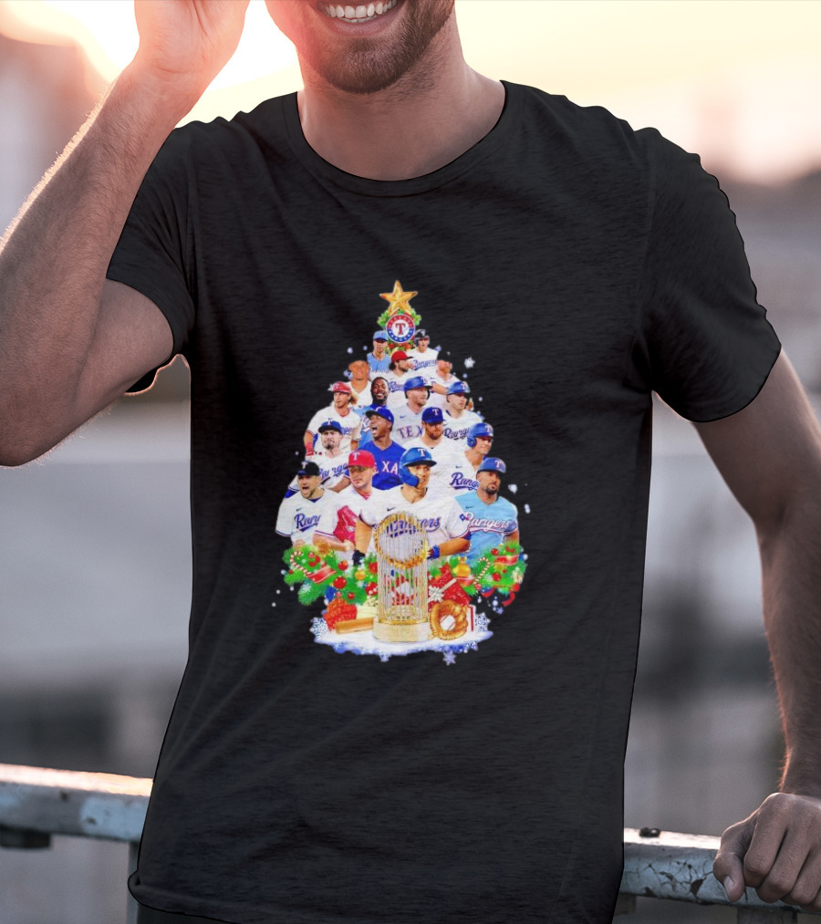 Texas Rangers Players Christmas Tree With Trophy And Ornaments T-Shirt