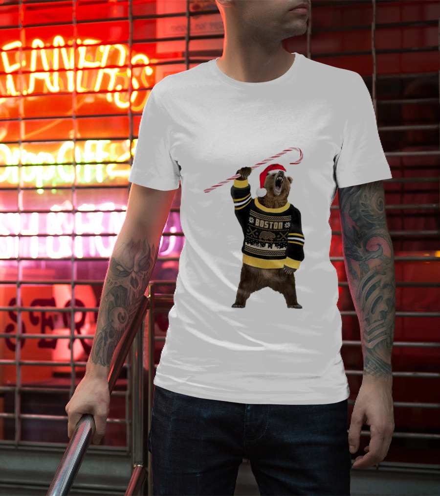 Boston Bear Christmas Holiday Sweater Santa Hat Candy Cane T-Shirt