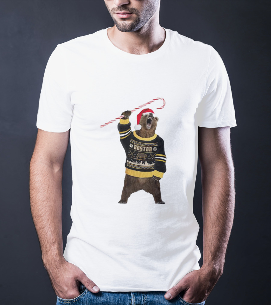 Boston Bear Christmas Holiday Sweater Santa Hat Candy Cane T-Shirt